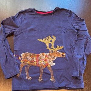 Boden Kids Navy Long Sleeve Tee with Reindeer Design